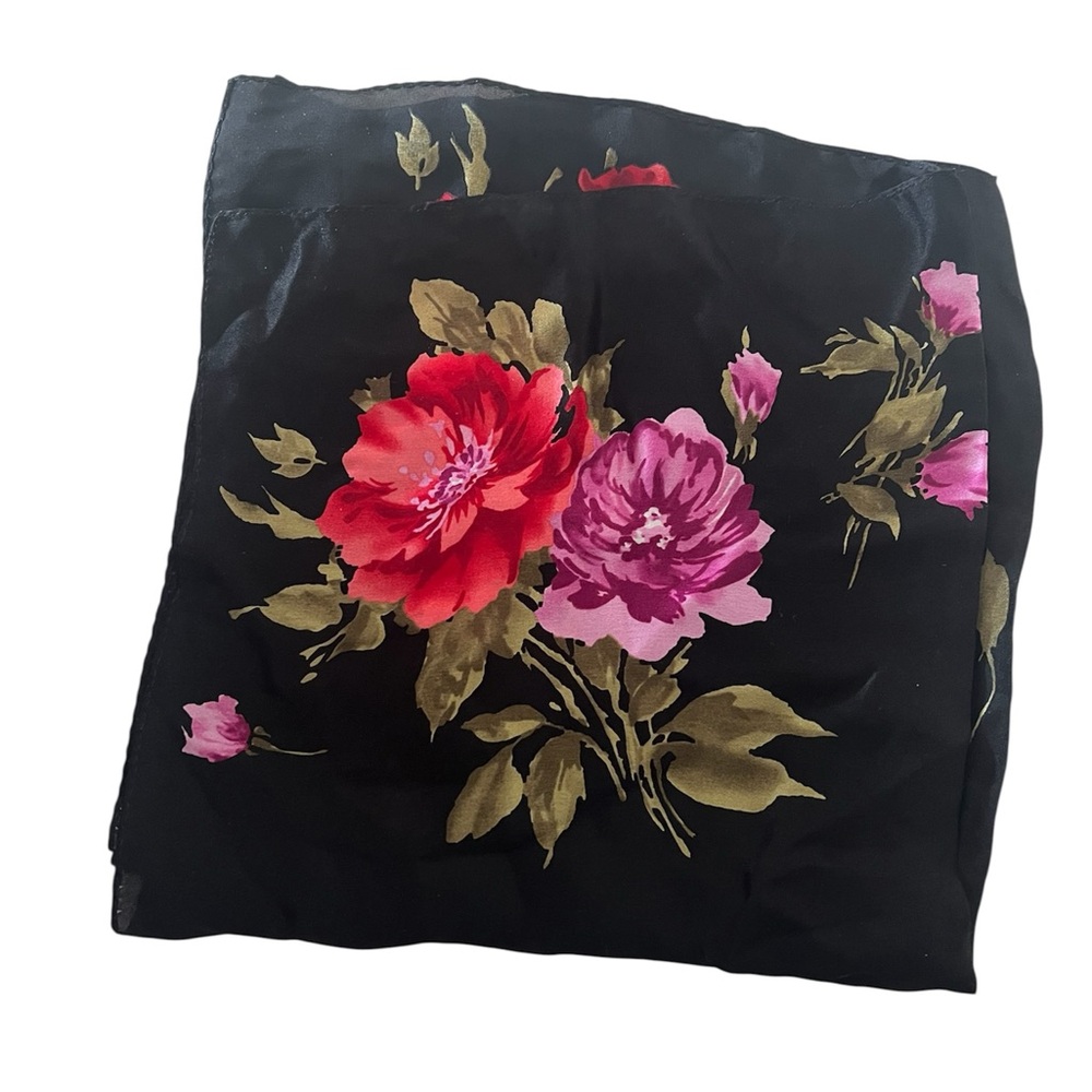 Elaine Gold for Collection XIIX Black Floral Silk Scarf with Pink and Red Blooms